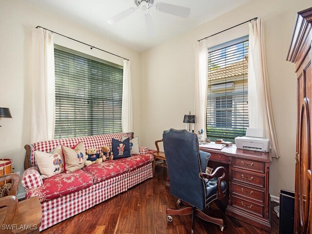 office space with dark hardwood / wood-style flooring and ceiling fan