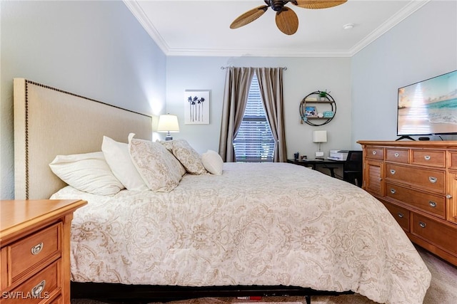 bedroom with crown molding, ceiling fan, and carpet