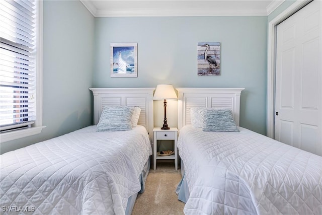 carpeted bedroom featuring crown molding