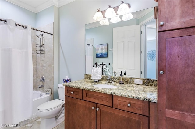 full bathroom featuring crown molding, shower / bathtub combination with curtain, vanity, and toilet