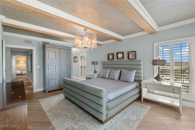 bedroom with ornamental molding, beam ceiling, hardwood / wood-style floors, and a notable chandelier