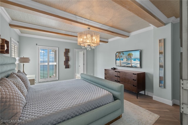 bedroom featuring ornamental molding, a notable chandelier, beam ceiling, and light hardwood / wood-style flooring