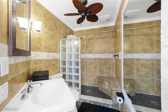 646 111th Ave N, Naples, FL 34108 - full bathroom featuring tile walls, ceiling fan, a walk in shower, and crown molding