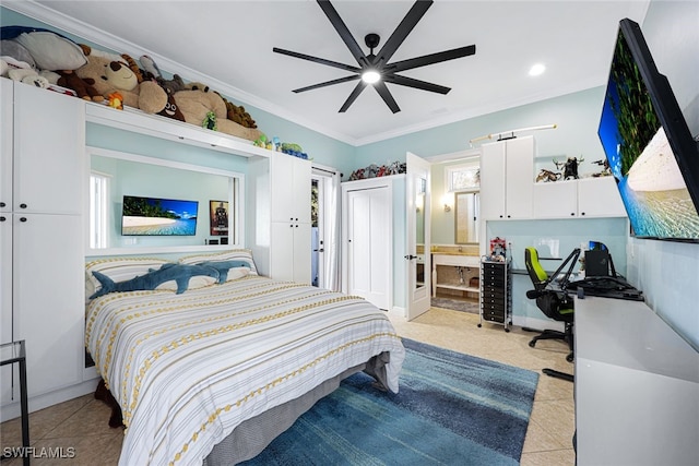 646 111th Ave N, Naples, FL 34108 - bedroom with light tile patterned floors, crown molding, connected bathroom, ceiling fan, and recessed lighting