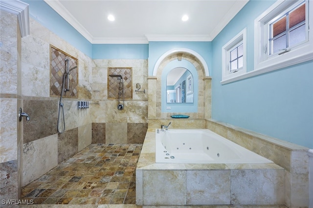 646 111th Ave N, Naples, FL 34108 - bathroom featuring a tub with jets, walk in shower, and crown molding