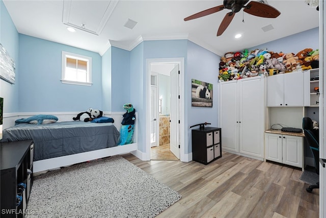646 111th Ave N, Naples, FL 34108 - bedroom featuring attic access, light wood-style flooring, ornamental molding, recessed lighting, and connected bathroom