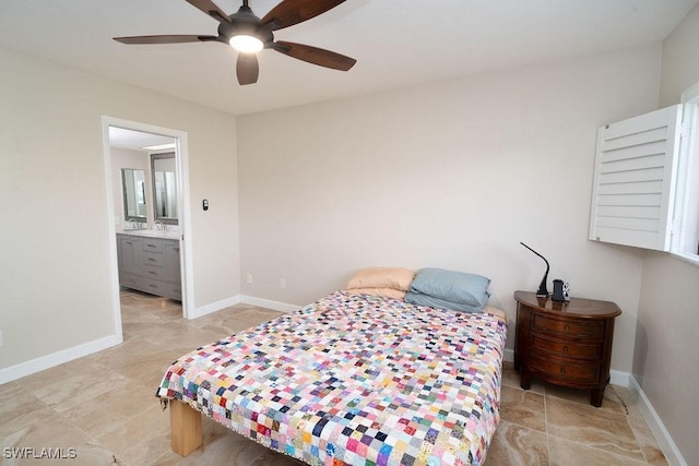 bedroom featuring sink, connected bathroom, and ceiling fan