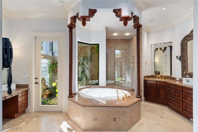 full bathroom with a stall shower, a garden tub, vanity, and crown molding