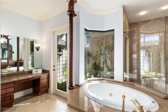 full bathroom featuring ornamental molding, a jetted tub, a shower stall, and vanity