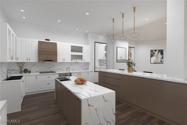 kitchen featuring dark wood-style flooring, a sink, and a center island with sink