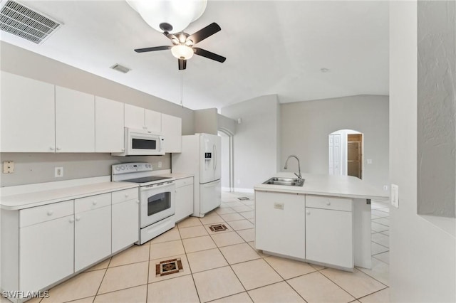 kitchen featuring white cabinetry, sink, a kitchen island with sink, and white appliances