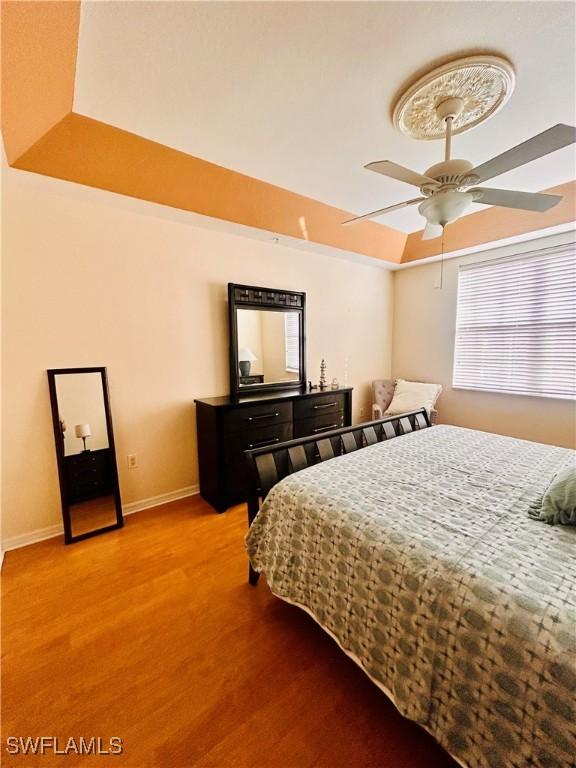 bedroom with hardwood / wood-style floors, ceiling fan, and a tray ceiling