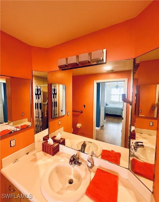 bathroom featuring vanity and curtained shower