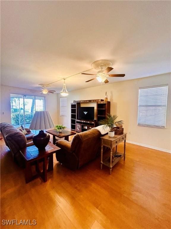 living room featuring ceiling fan and wood-type flooring