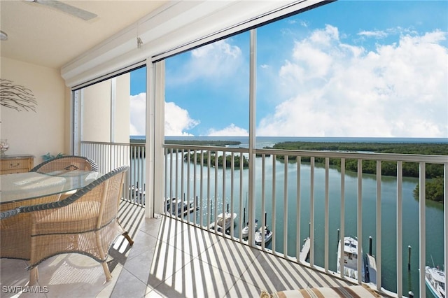 sunroom / solarium with a water view and a wealth of natural light