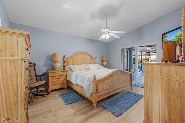 bedroom with ceiling fan, lofted ceiling, access to exterior, and light hardwood / wood-style floors