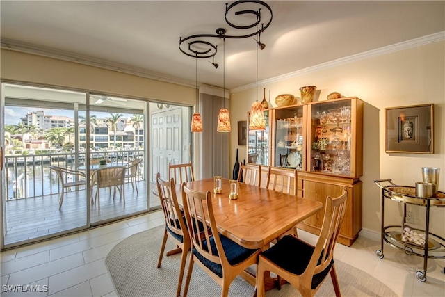 tiled dining space with crown molding