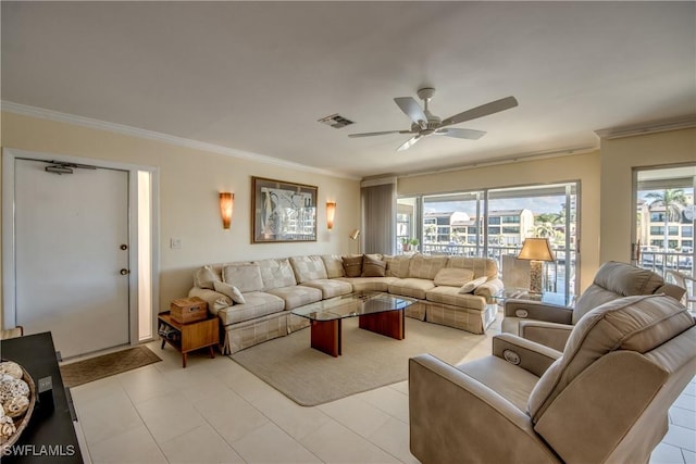 living room featuring crown molding and ceiling fan