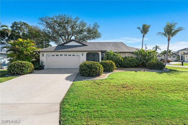 single story home featuring a garage and a front yard