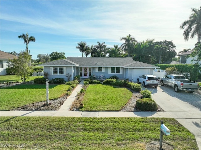 ranch-style home with a garage and a front yard