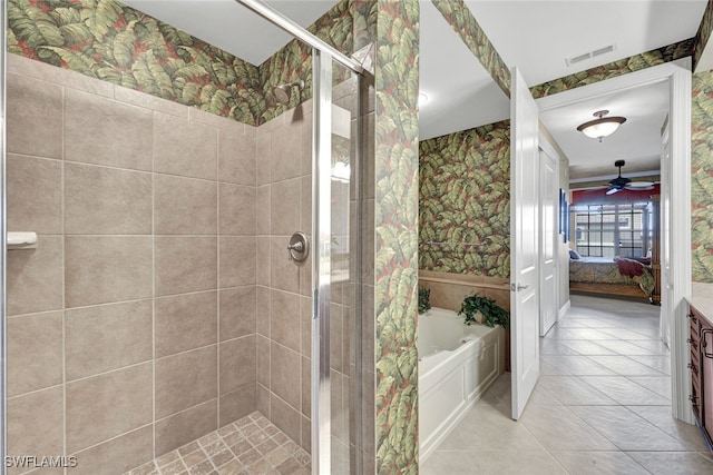 bathroom with vanity, tile patterned flooring, independent shower and bath, and ceiling fan