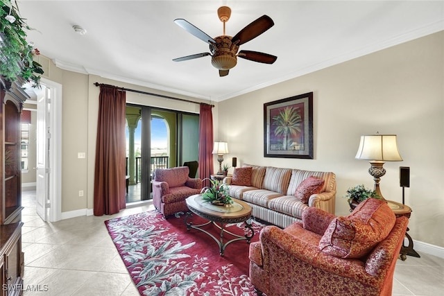 tiled living room with crown molding and ceiling fan