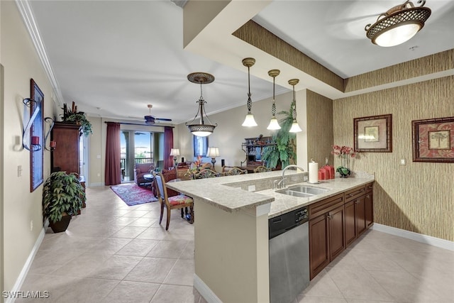 kitchen featuring sink, crown molding, light stone counters, stainless steel dishwasher, and kitchen peninsula