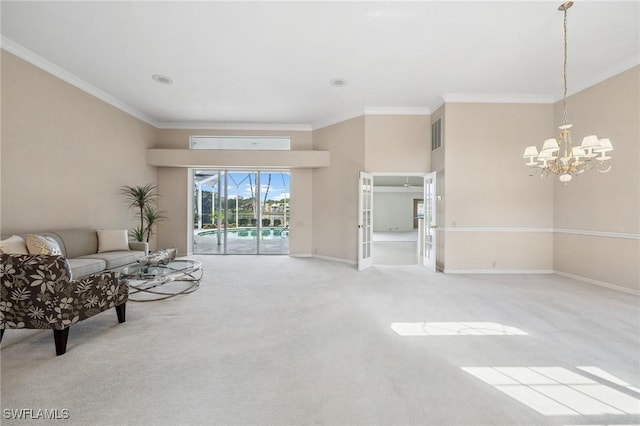 living room with baseboards, crown molding, and light colored carpet