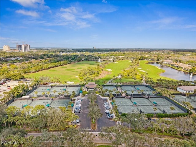 aerial view featuring a water view and golf course view