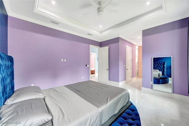 bedroom featuring ceiling fan, ornamental molding, and a raised ceiling