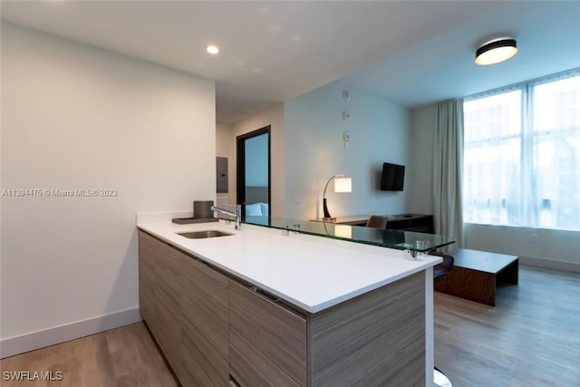 kitchen with sink, light hardwood / wood-style floors, and kitchen peninsula