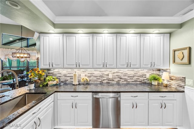 kitchen featuring white cabinetry, stainless steel dishwasher, ornamental molding, and sink