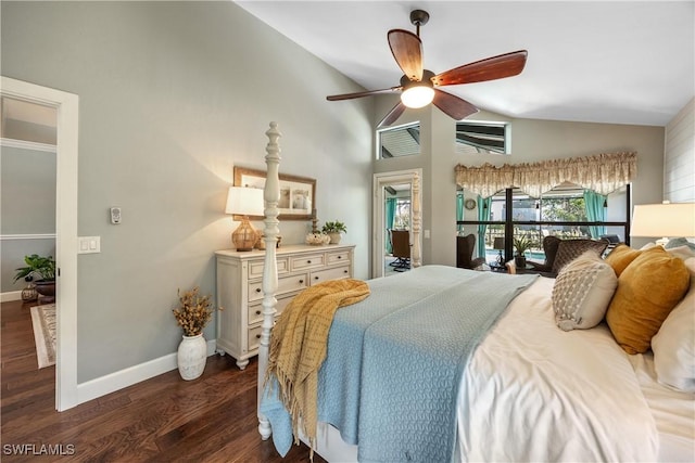 bedroom with lofted ceiling, dark hardwood / wood-style floors, and ceiling fan