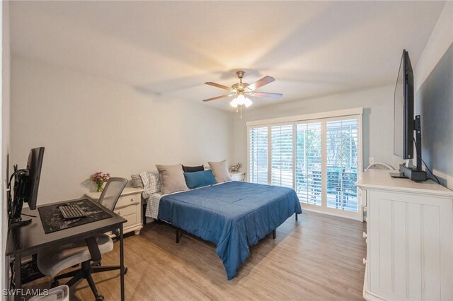 bedroom with access to outside, ceiling fan, and light wood-type flooring