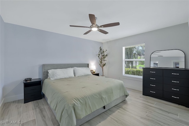 bedroom featuring ceiling fan and light wood-type flooring