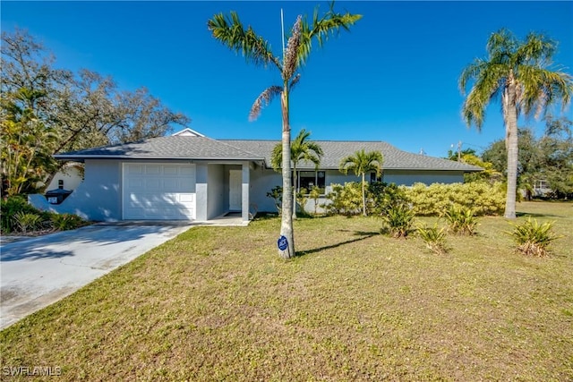 single story home with a garage and a front yard