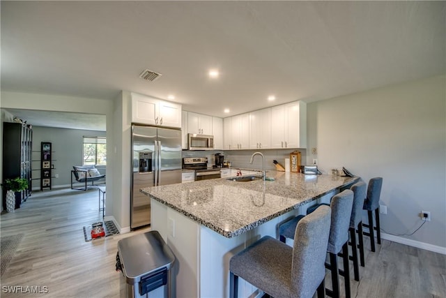 kitchen with kitchen peninsula, sink, backsplash, appliances with stainless steel finishes, and white cabinets