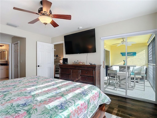 bedroom featuring ceiling fan, dark hardwood / wood-style flooring, and access to outside