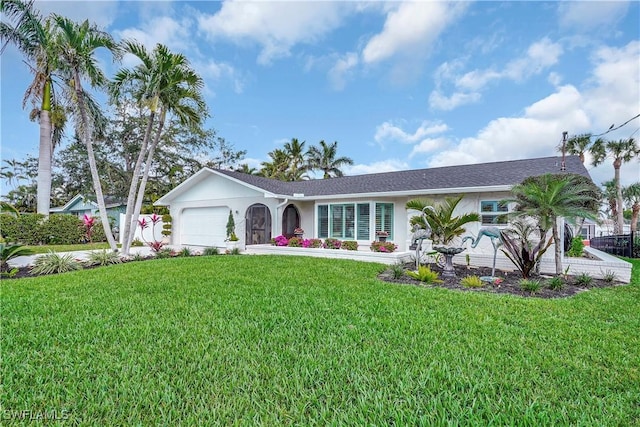 single story home with a garage and a front yard