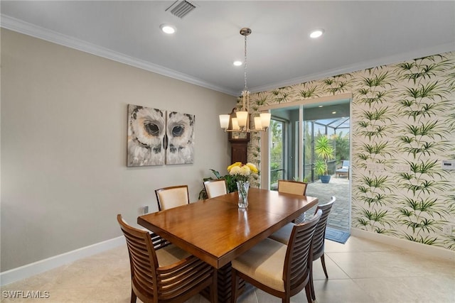 tiled dining space with crown molding