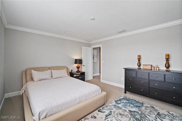 carpeted bedroom featuring ornamental molding