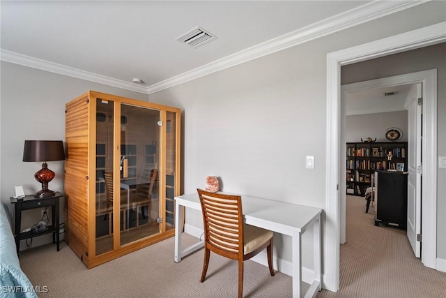 carpeted dining area featuring ornamental molding