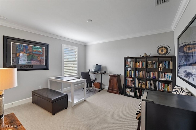 carpeted office with crown molding