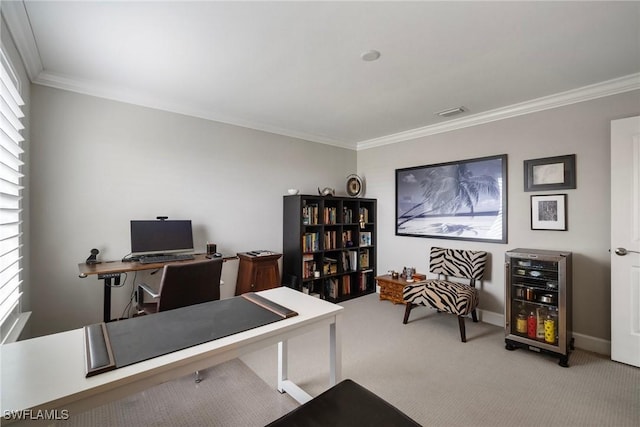 carpeted office featuring crown molding