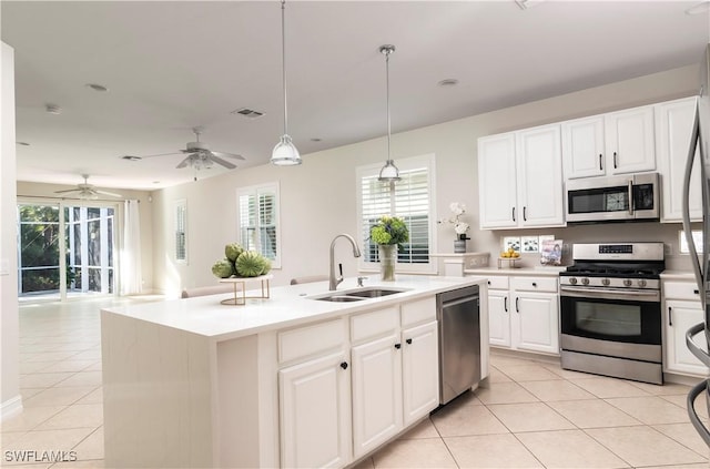 kitchen featuring sink, a center island with sink, appliances with stainless steel finishes, pendant lighting, and white cabinets