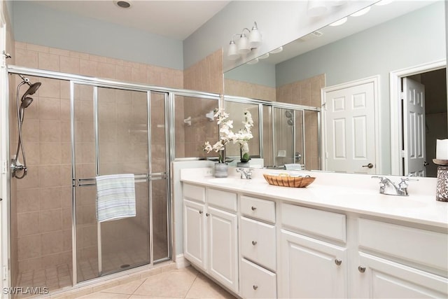 bathroom with vanity, a shower with shower door, and tile patterned flooring