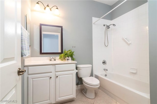 full bathroom with vanity, tiled shower / bath combo, tile patterned floors, and toilet