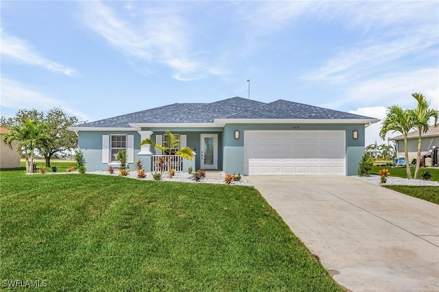 ranch-style house with a garage, a front yard, and a porch