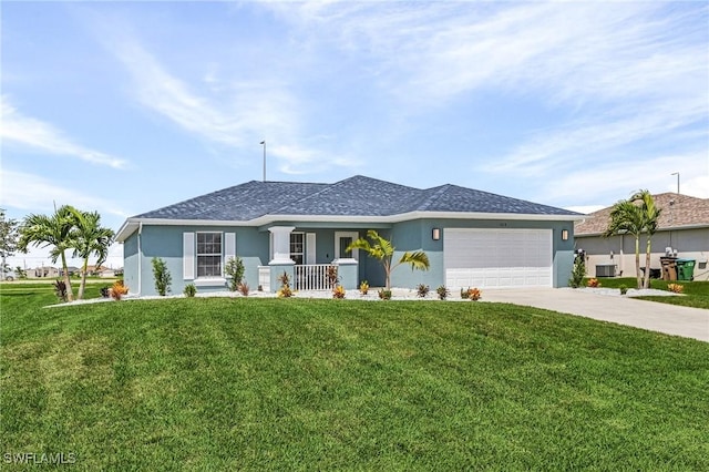 single story home featuring cooling unit, a garage, covered porch, and a front yard