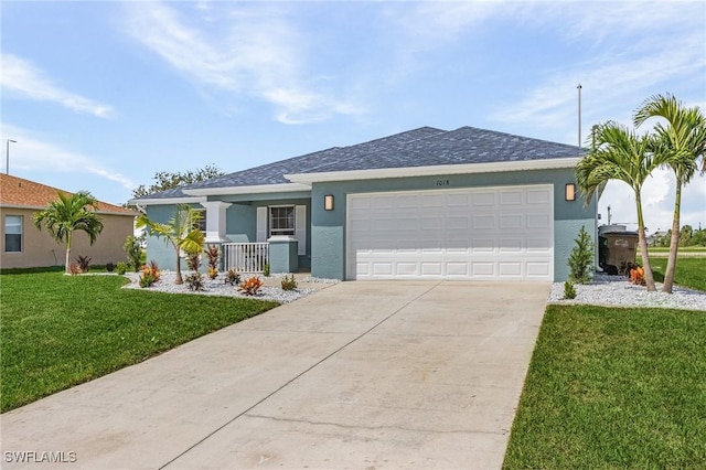 single story home featuring a garage, covered porch, and a front lawn